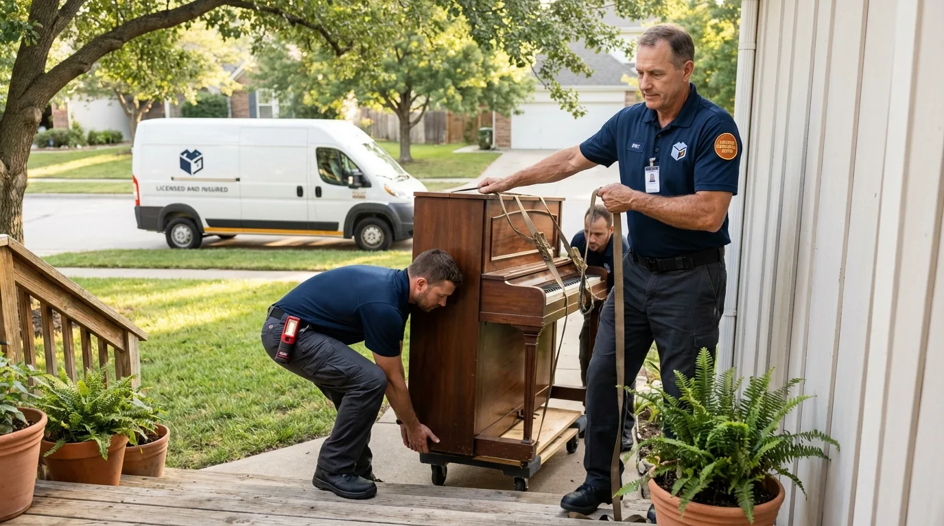 Licensed piano movers securing grand piano in Fairview Heights, IL