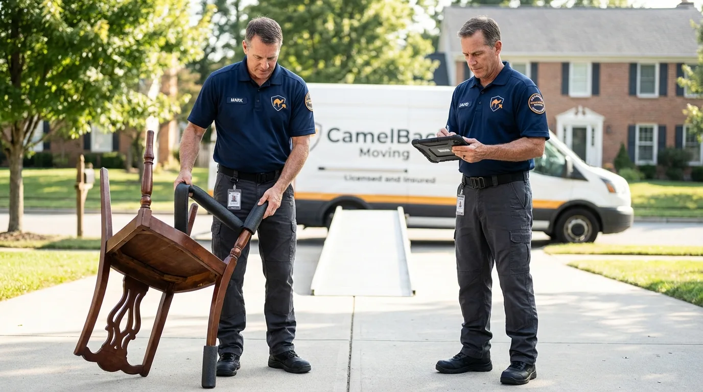 Movers inspecting furniture for damage prevention before loading in Fairview Heights, IL